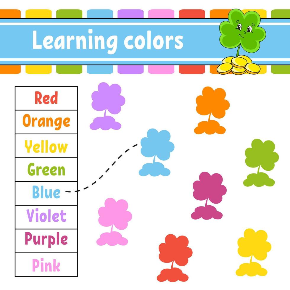 Learning colors. Education developing worksheet. Activity page with pictures. Game for children. Funny character. cartoon style. Vector illustration.