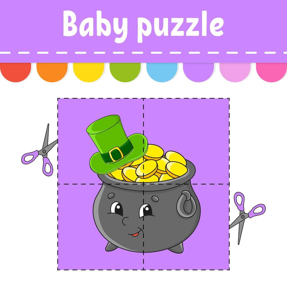 Baby puzzle. Easy level. Flash cards. Cut and play. Color activity worksheet. Game for children. cartoon character. Vector illustration.