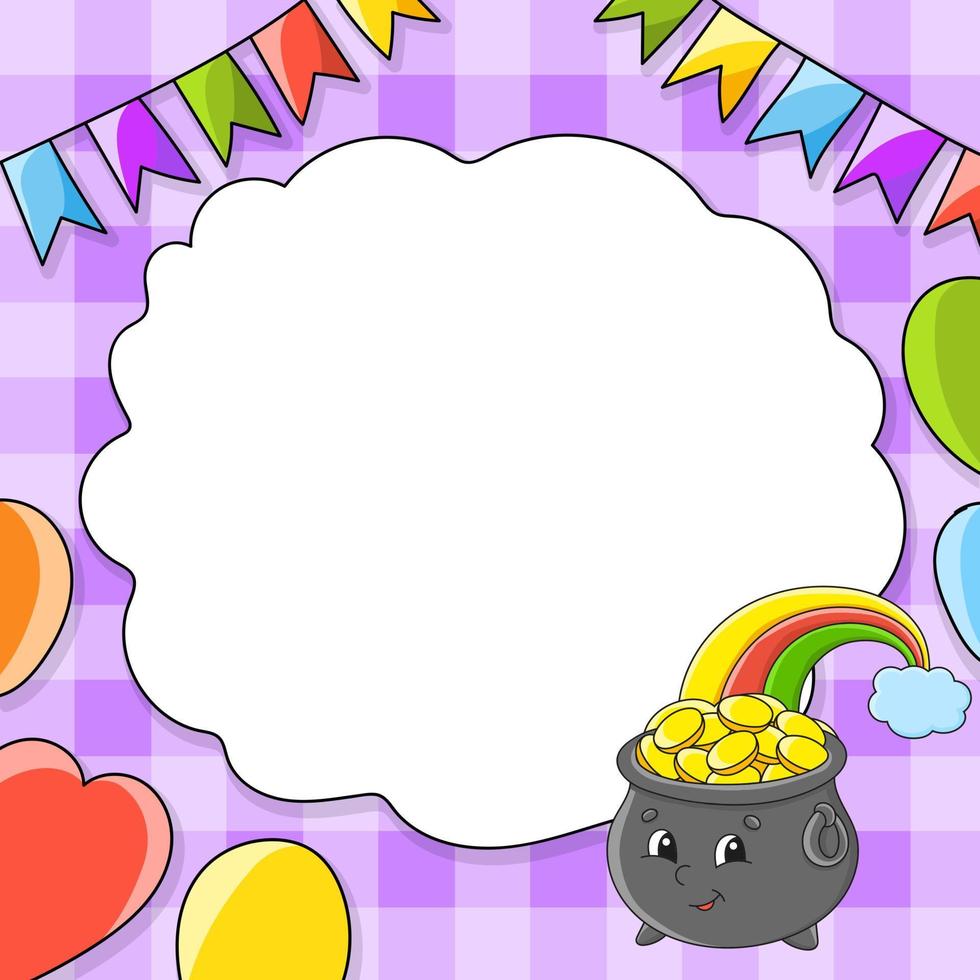 Festive image with copy space for text. cartoon character, balloons, garlands. For the design of greeting cards, birthdays, stickers. Vector illustration.