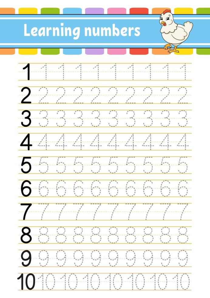 Trace and write numbers. Handwriting practice. Learning numbers for kids. Education developing worksheet. Activity page. Vector illustration.