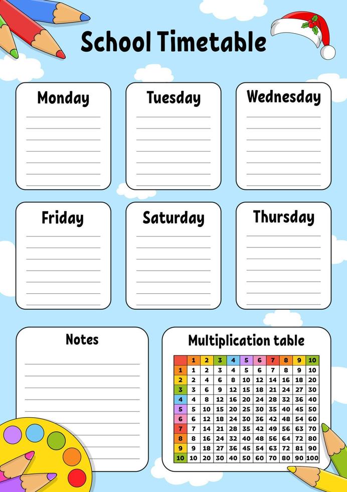 School timetable. For the education of children. Isolated on color background. With a cute cartoon character. Vector illustration.