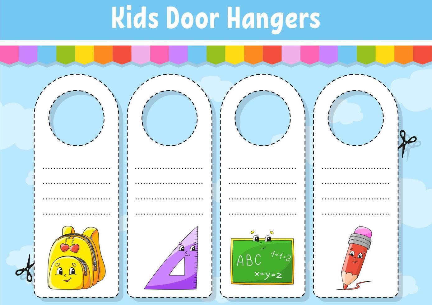 Door hangers. Cute cartoon characters. Sign printable. Kids style. On doorknobs. Tag template. Back to school theme. Vector illustration.