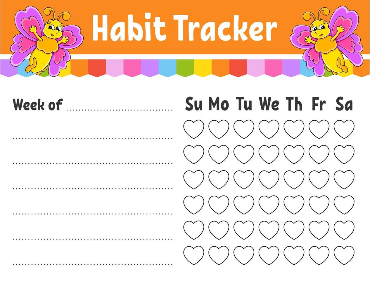 Habit tracker for kids. Sheet template for printing. With cute character. Vector illustration.