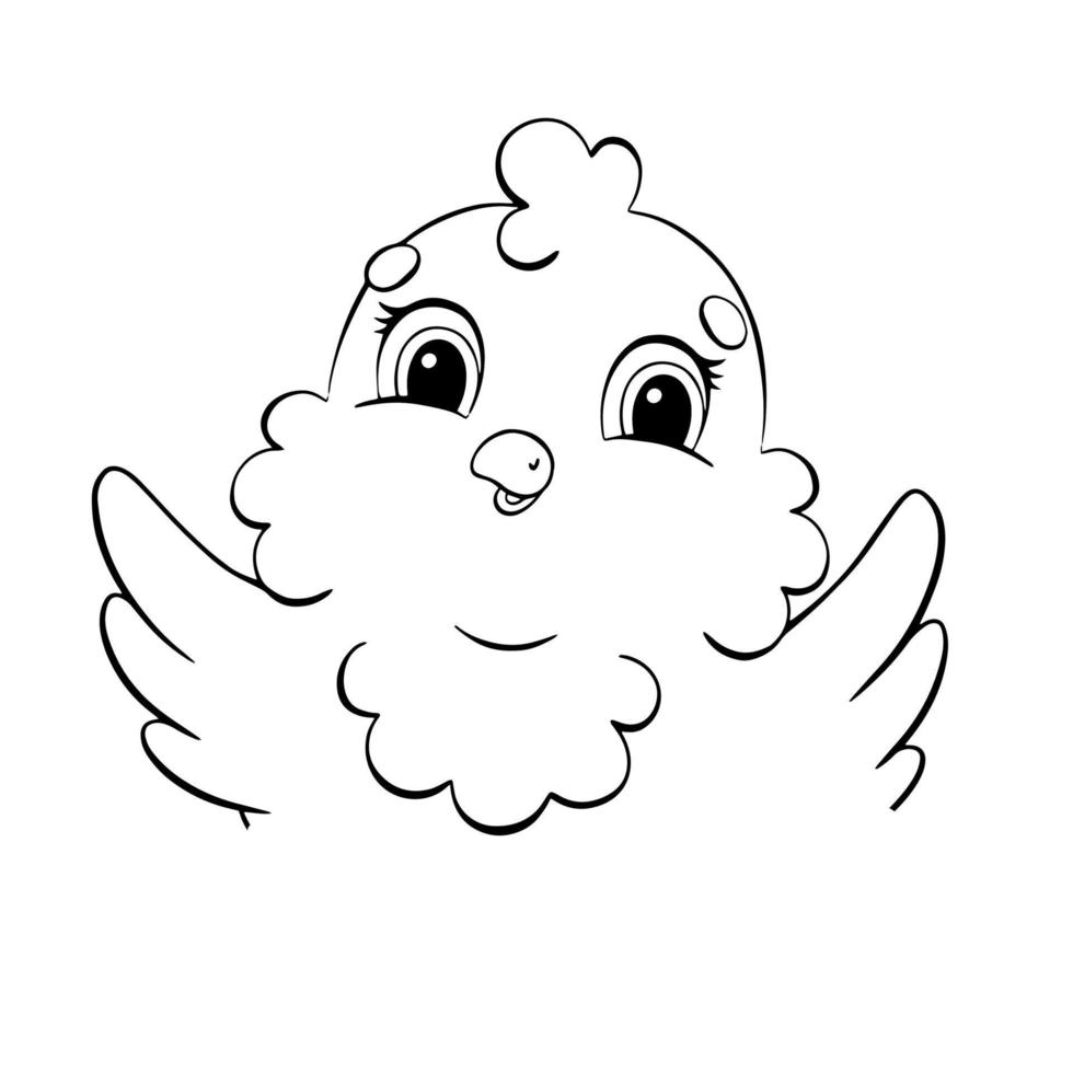 Coloring page for kids. Cute chicken. Digital stamp. Cartoon style character. Vector illustration isolated on white background.