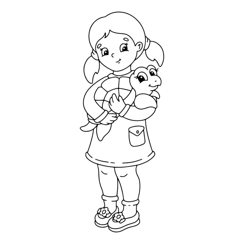 Little cute girl is holding a turtle. Coloring page for kids. Digital stamp. Cartoon style character. Vector illustration isolated on white background.