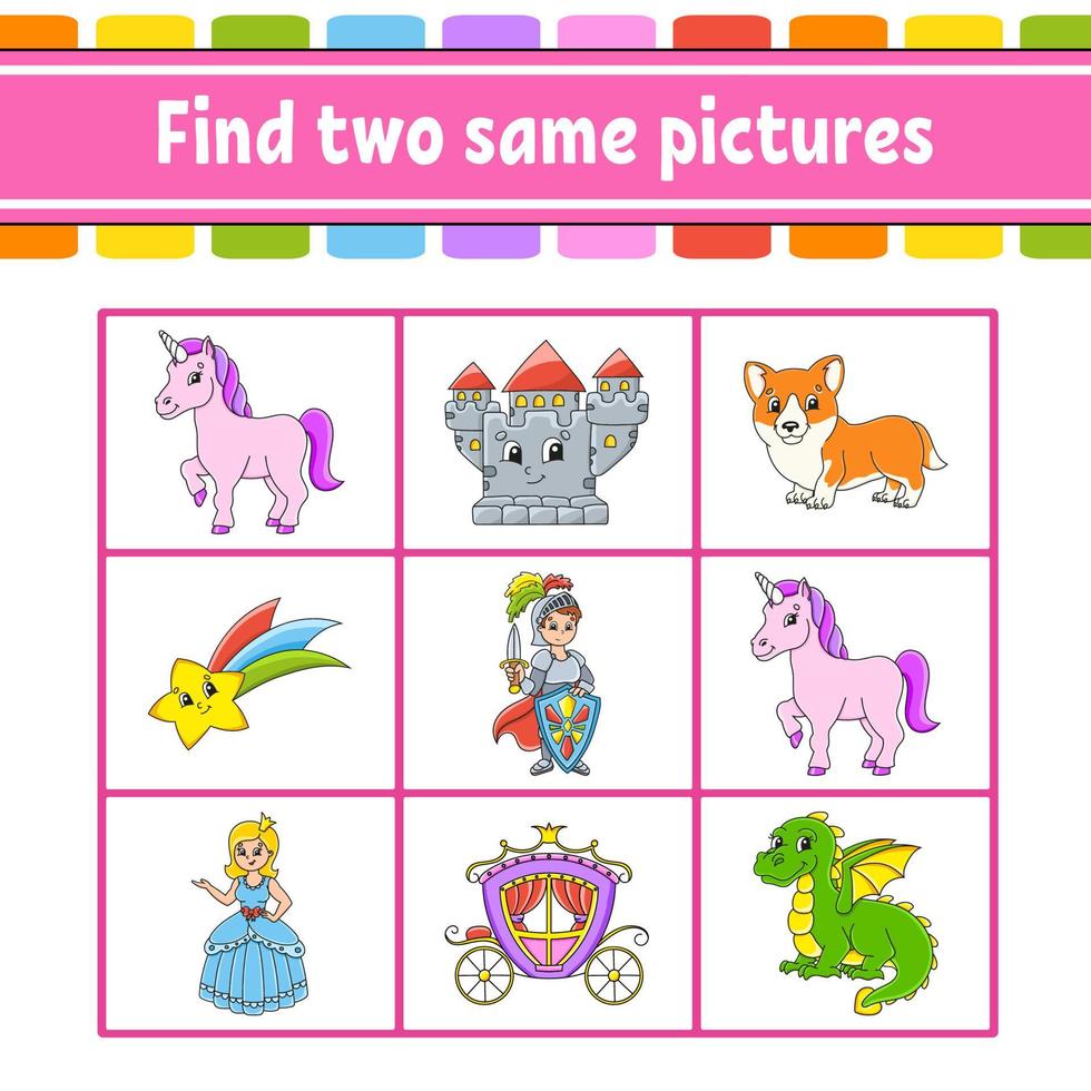 Find two same pictures. Task for kids. Education developing worksheet. Activity page. Color game for children. Funny character. Cartoon style. Vector illustration.