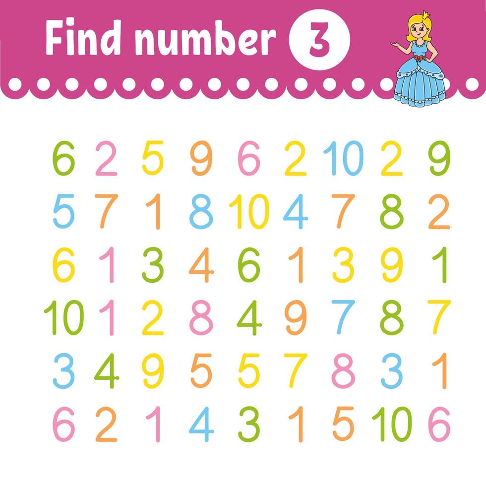 Find number. Education developing worksheet. Activity page with pictures. Game for children. Funny character. cartoon style. Vector illustration.