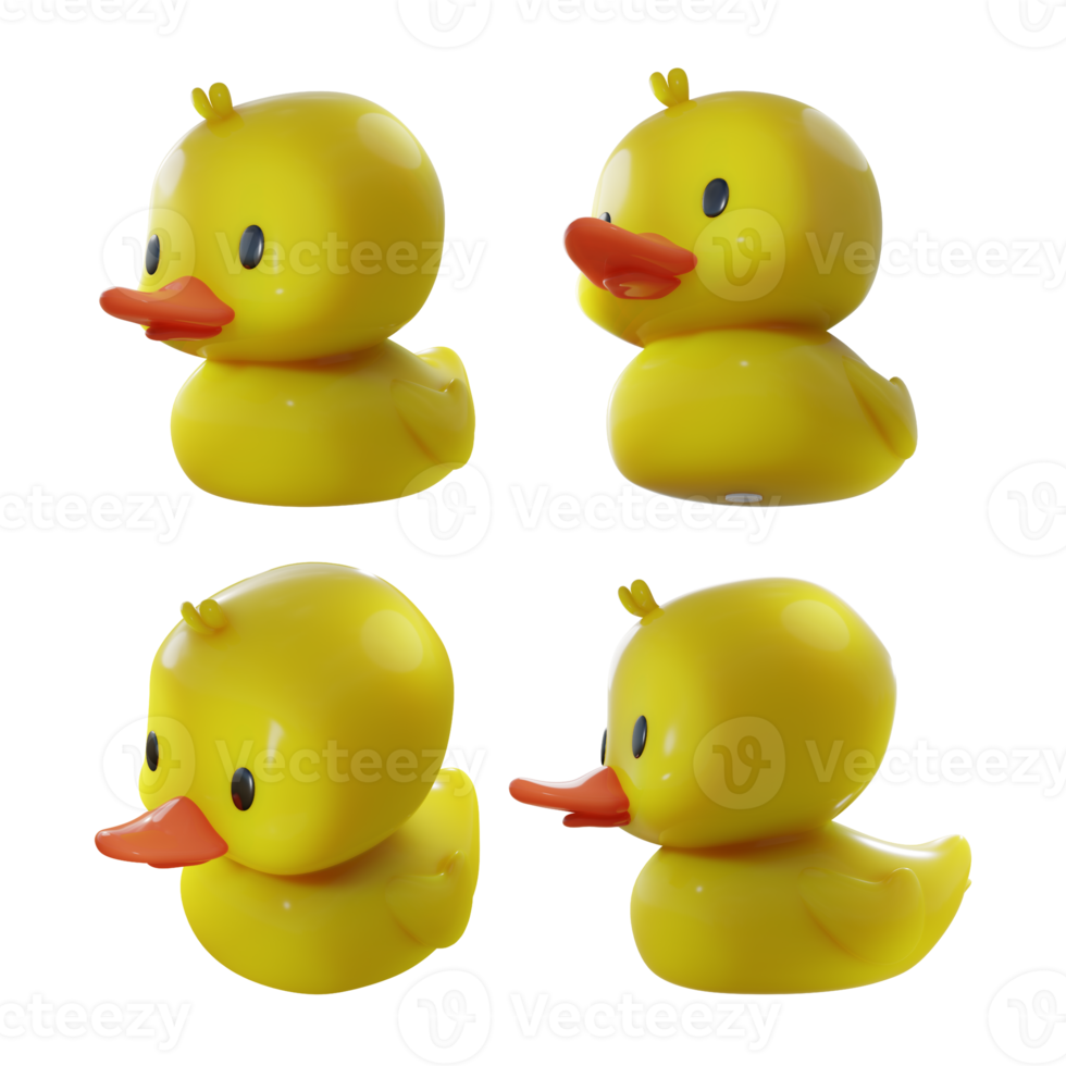 3d rendering of glossy squishy yellow rubber duck bath from various perspectives view angle png