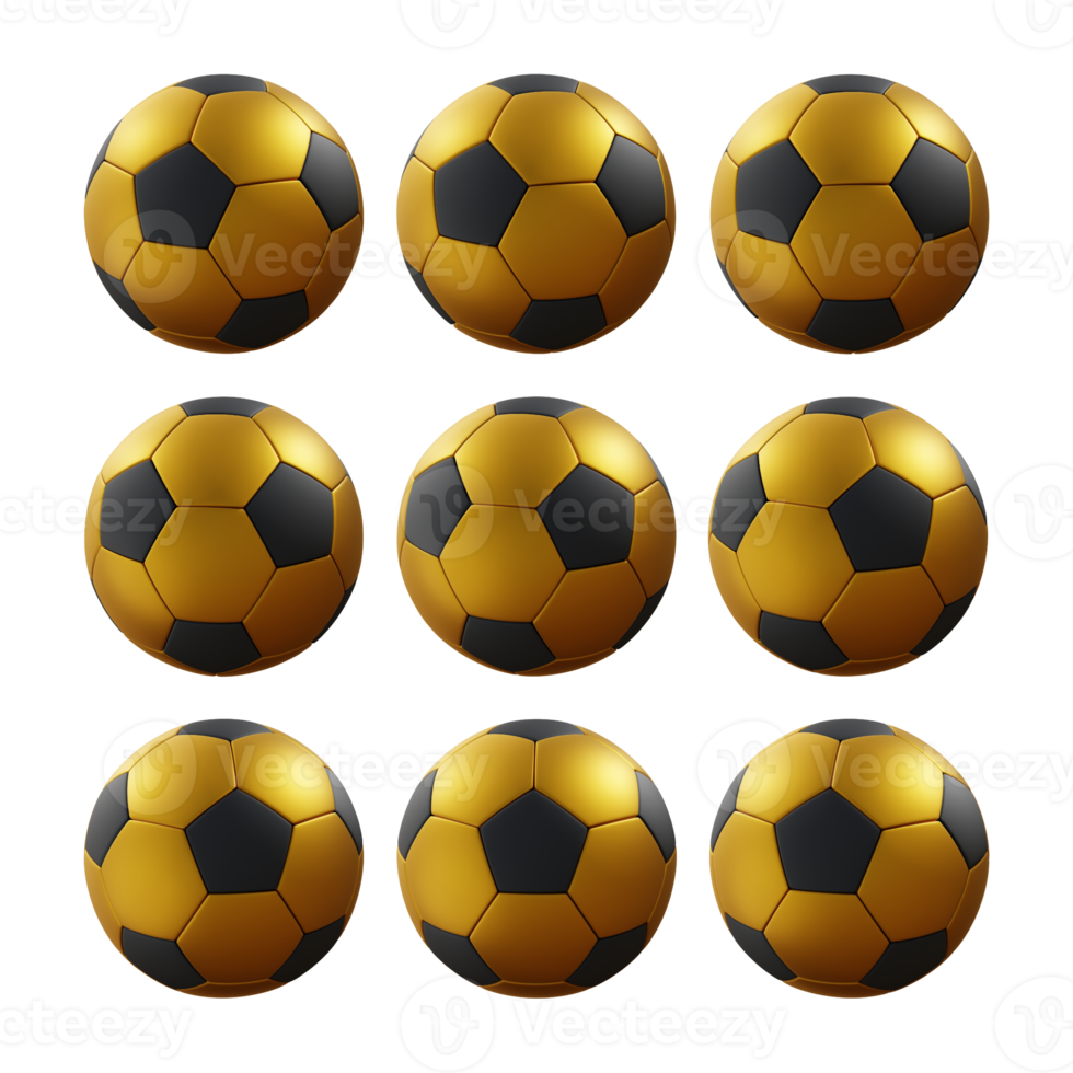 3d rendering sequential gold and black soccer ball rotating perspective view png