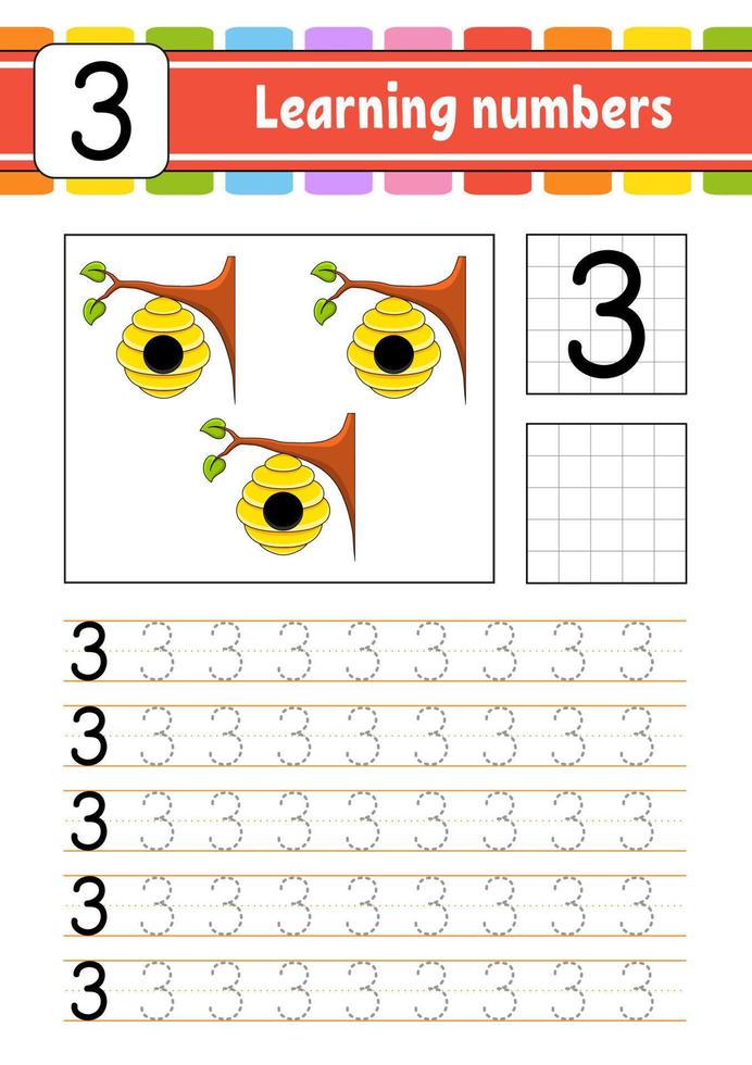 Trace and write numbers. Handwriting practice. Learning numbers for kids. Education developing worksheet. Activity page. Vector illustration.