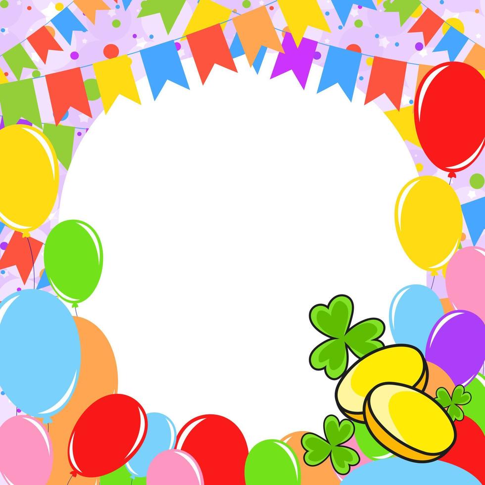 Happy birthday greeting card with a cute cartoon character. With copy space for your text. Picture on the background of bright balloons, confetti and garlands. Vector illustration.