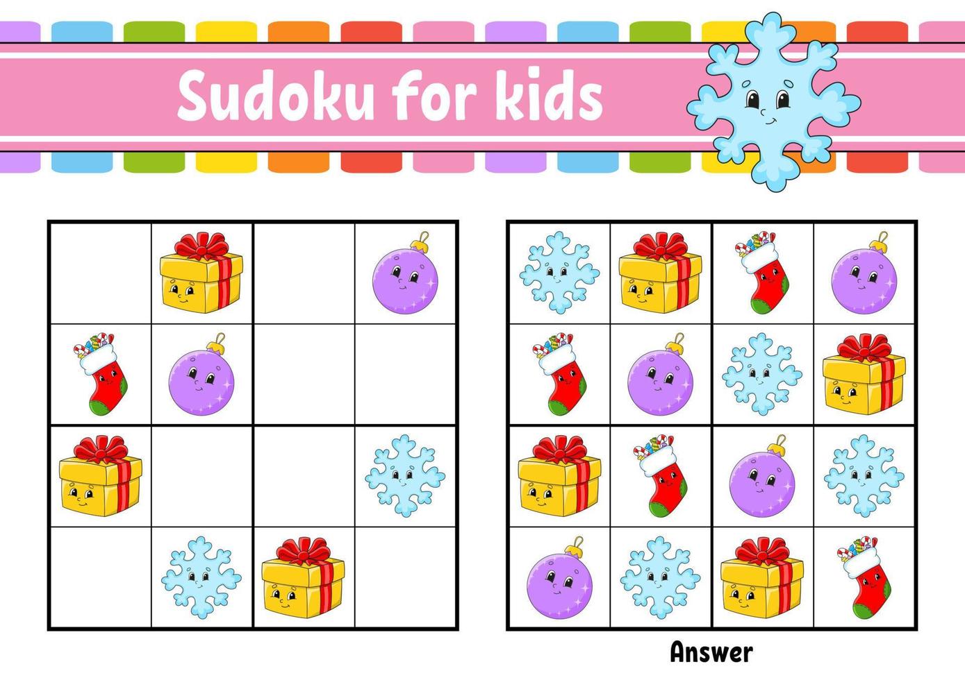 Sudoku for kids. Education developing worksheet. cartoon character. Color activity page. Puzzle game for children. Logical thinking training. Vector illustration.