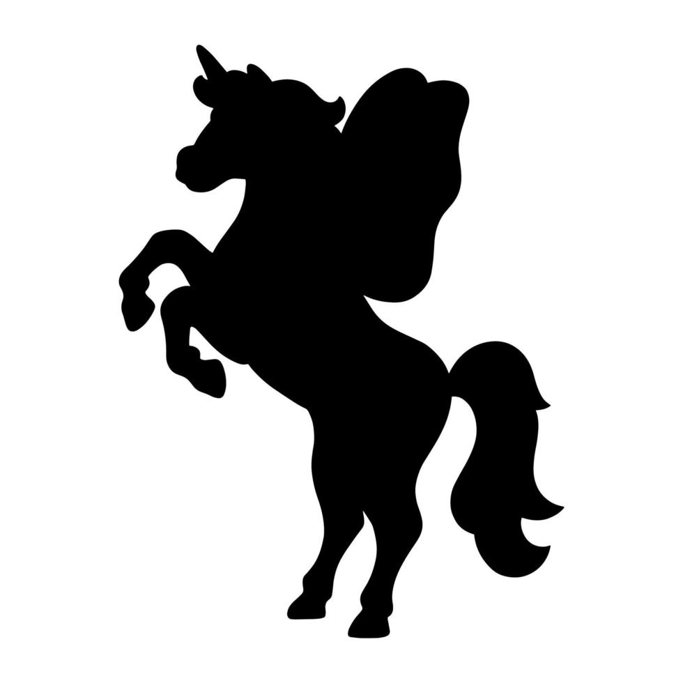 Black silhouette unicorn. Design element. Vector illustration isolated on white background. Template for books, stickers, posters, cards, clothes.