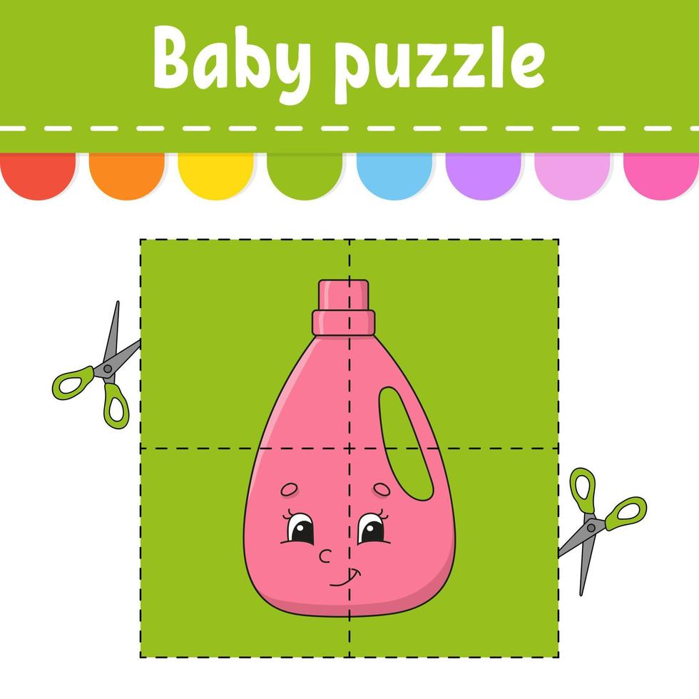 Baby puzzle. Easy level. Flash cards. Cut and play. Color activity worksheet. Game for children. cartoon character. Vector illustration.