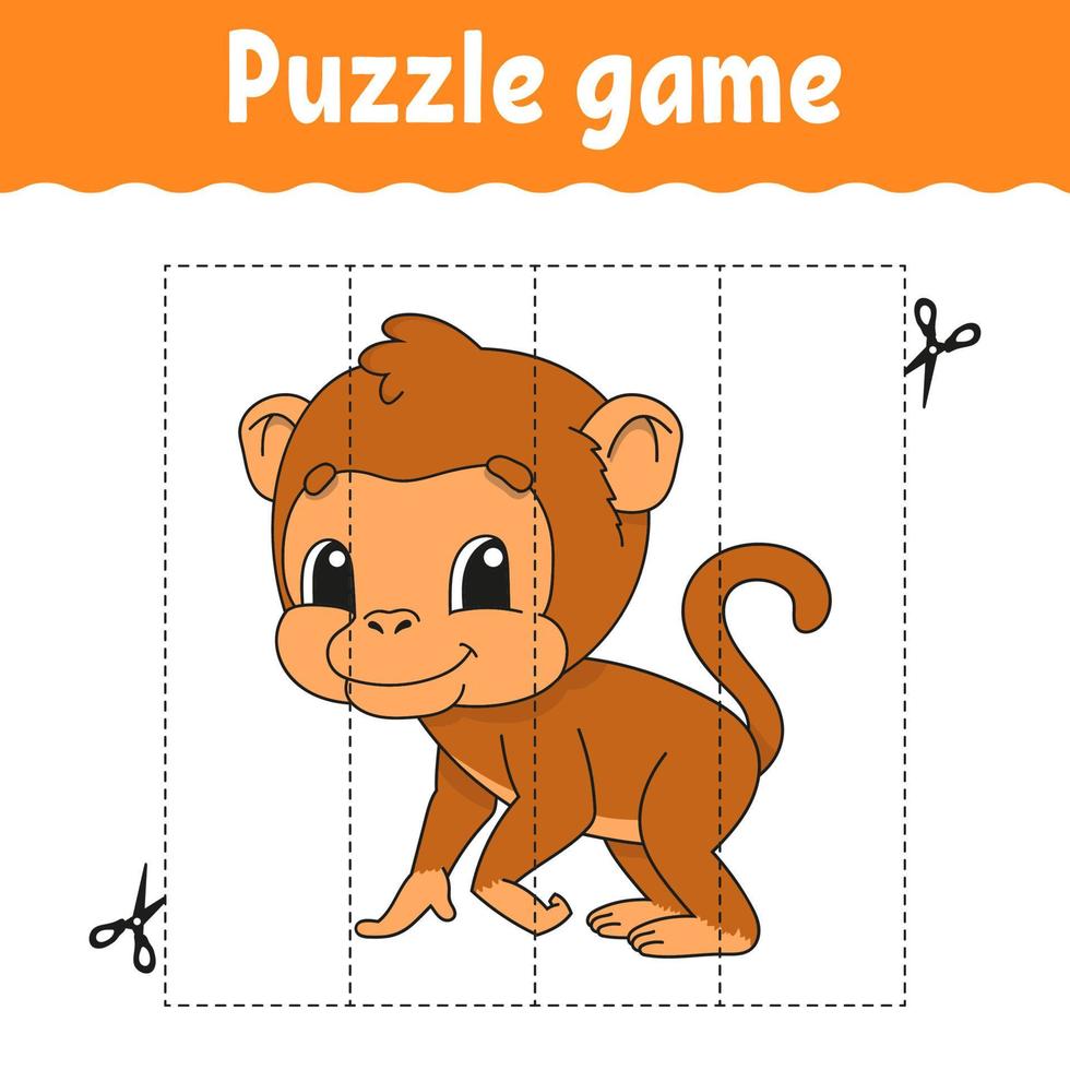 Puzzle game for kids. Cutting practice. Education developing worksheet. Activity page. cartoon character. Vector illustration.
