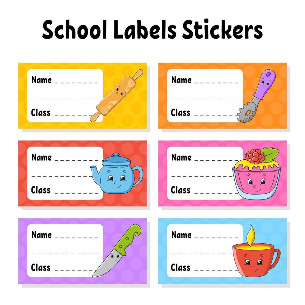 Name and class. Back to school labels. Set stickers for notebook. Bright stickers. Rectangular label. Vector illustration.