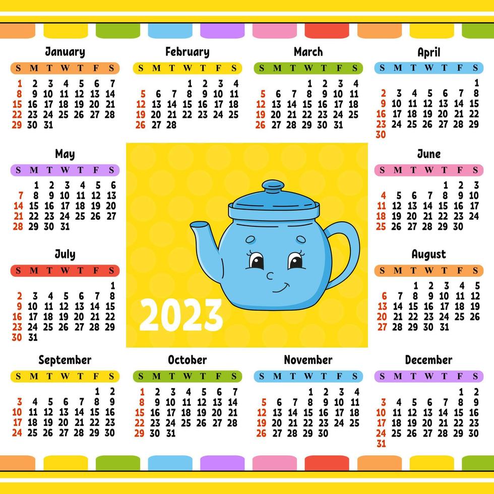 calendario para 2023 con un lindo personaje. diseño divertido y brillante. ilustración de vector de color aislado. estilo de dibujos animados