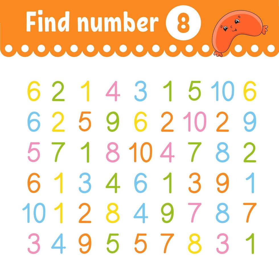 Find number. Education developing worksheet. Activity page with pictures. Game for children. Funny character. cartoon style. Vector illustration.