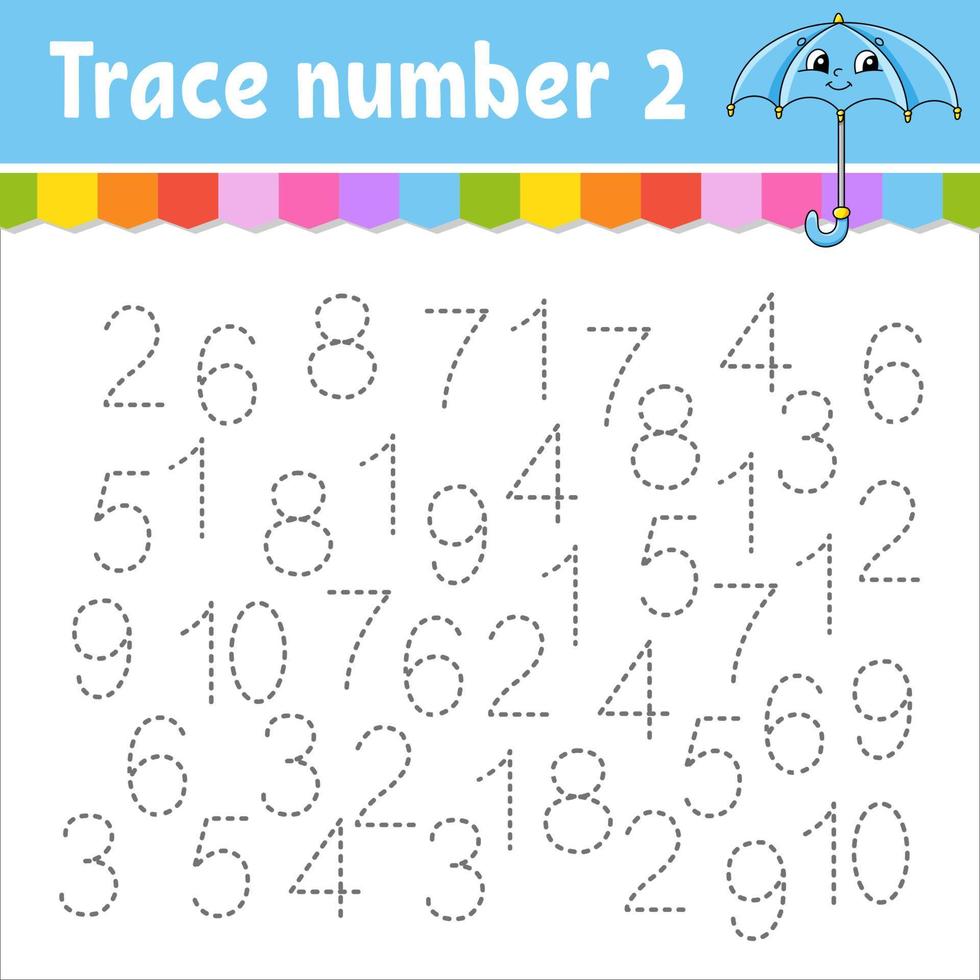 Trace number . Handwriting practice. Learning numbers for kids. Education developing worksheet. Activity page. Vector illustration.