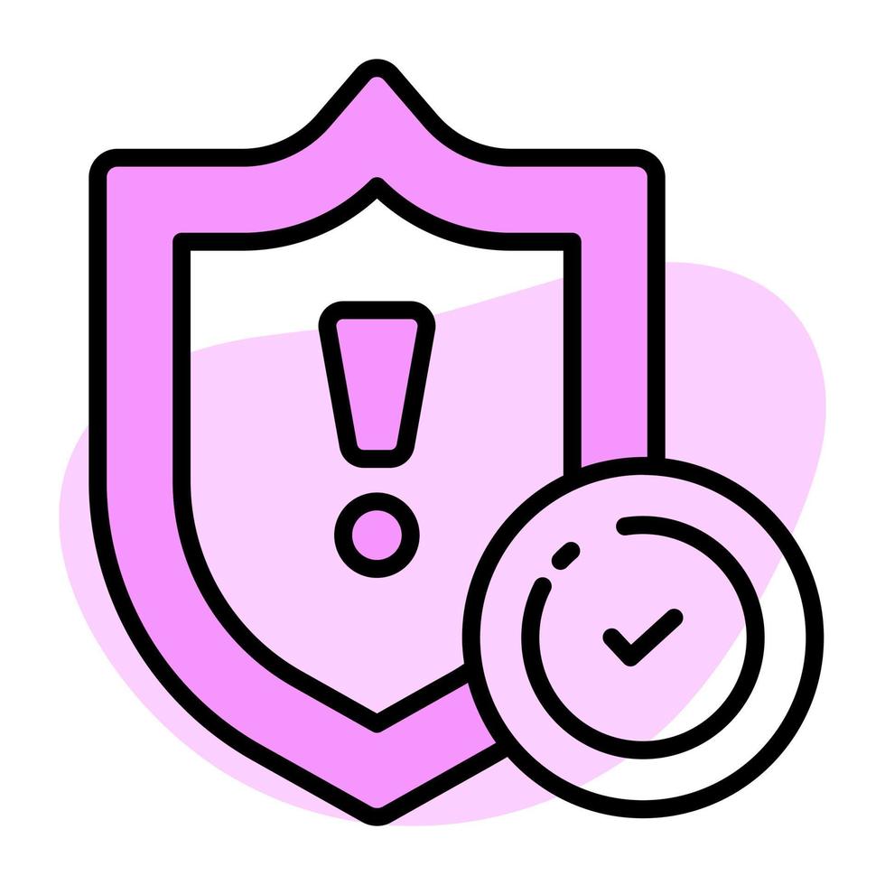 Exclamation mark on shield with tick mark showing vector of verified security