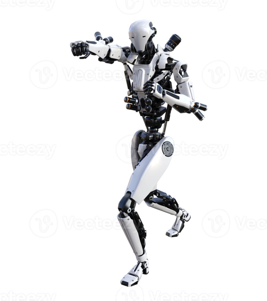 cyberpunk robot med muay thai utgör isolerat. 3d framställa png