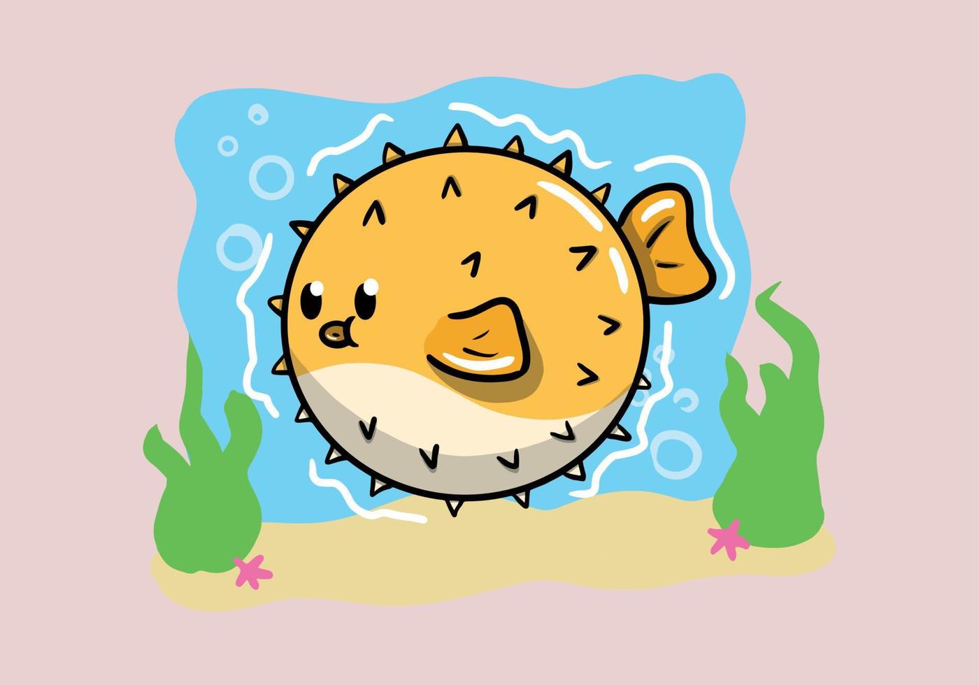 Hand drawn Yellow Puffer fish cartoon character isolated on background. Cute Blowfish. vector