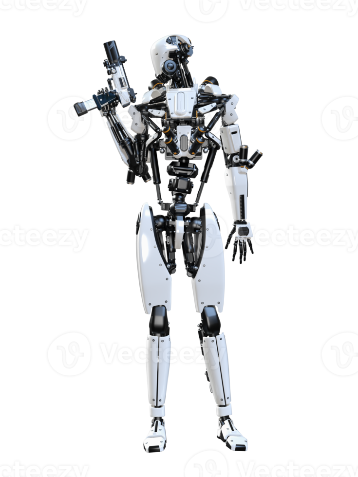 Cyberpunk robot holding gun isolated. 3d render png