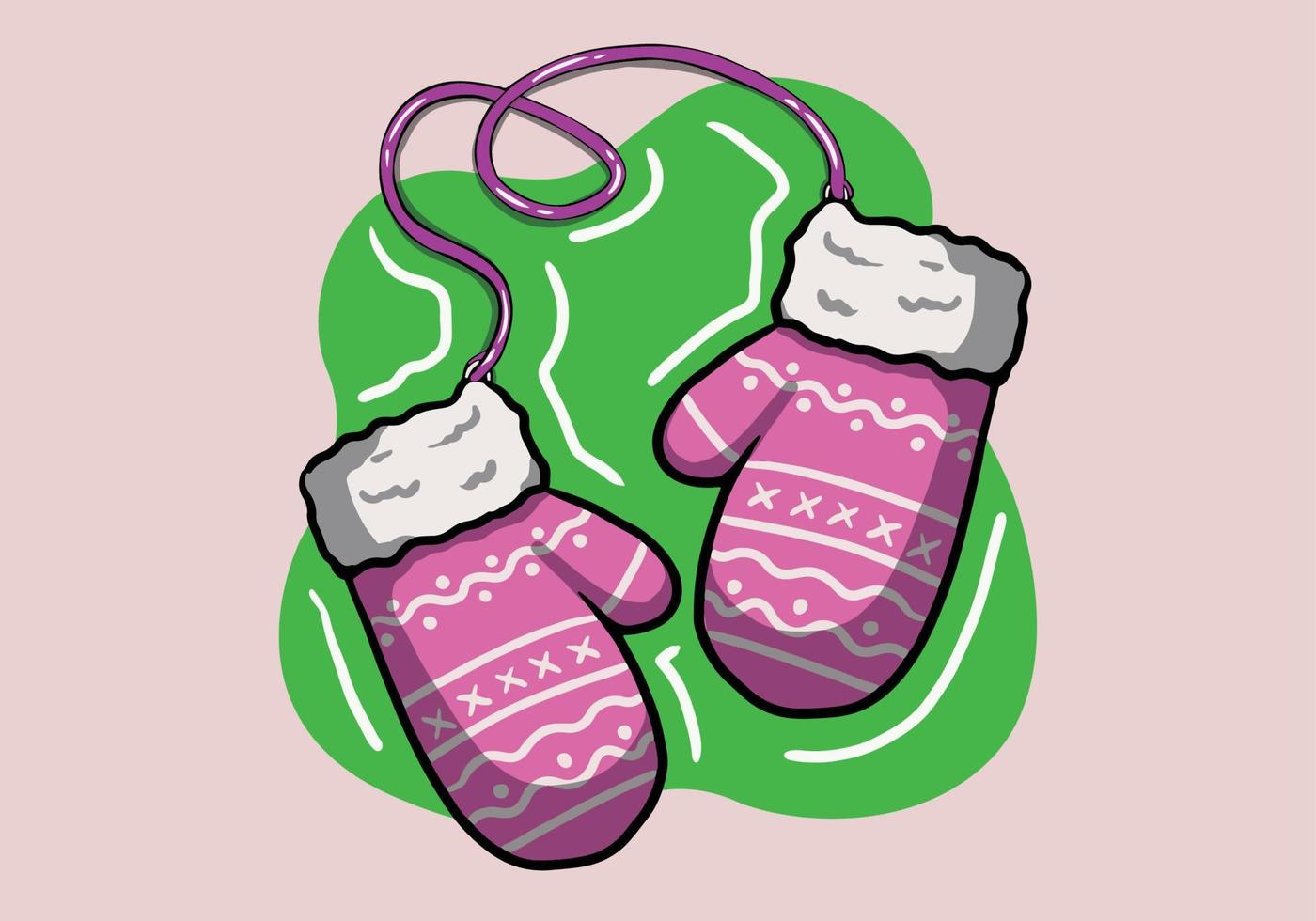 Hand drawn pink pair of woolen knitted mittens with zigzag pattern. Cozy winter gloves isolated on background. vector