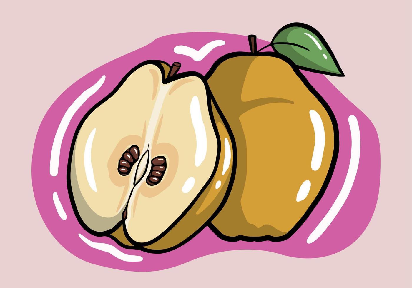 Hand drawn Quince fruit, tropical exotic food, vector isolated icon. Quince apple fruits whole and half cut.