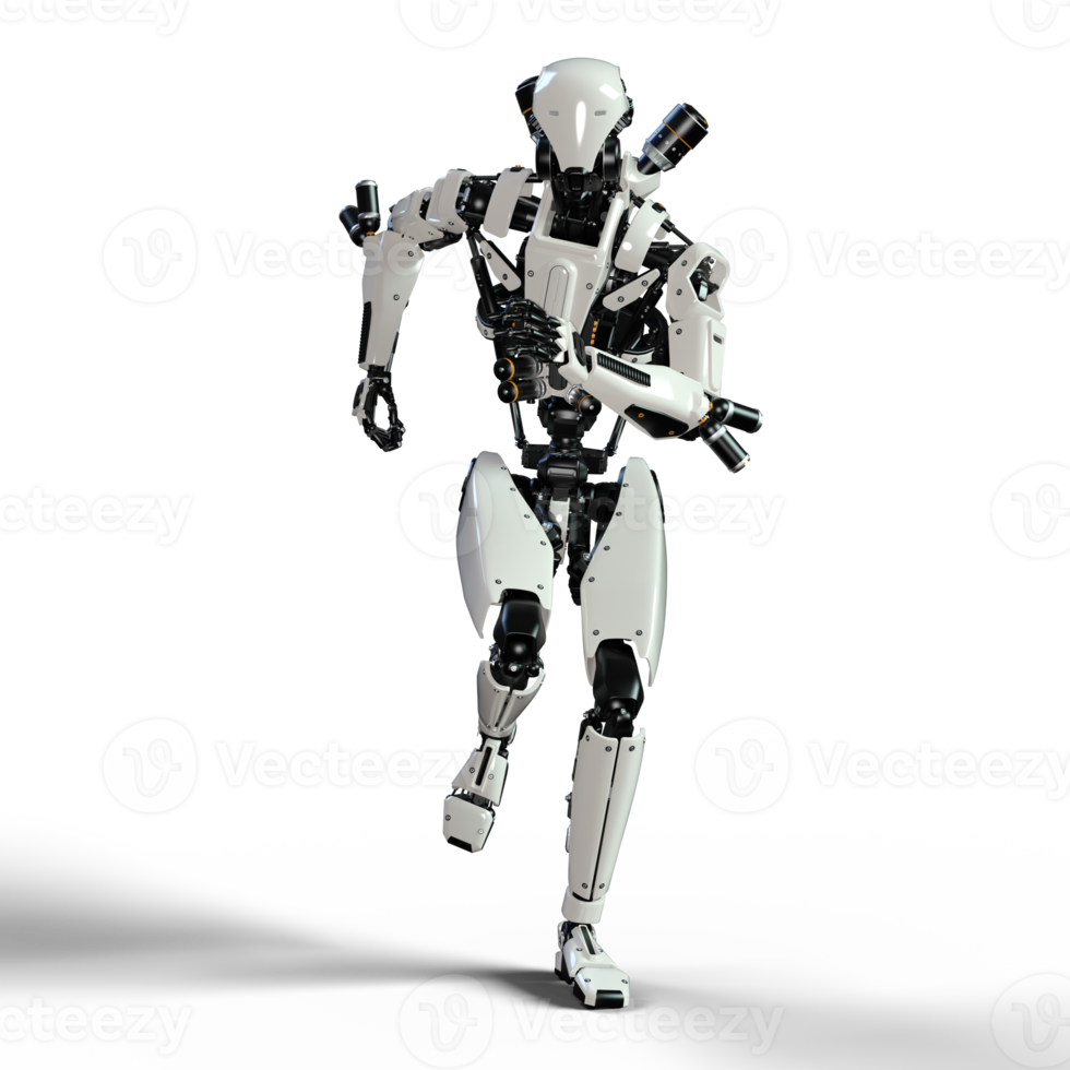 Cyberpunk robot running isolated. 3d render png