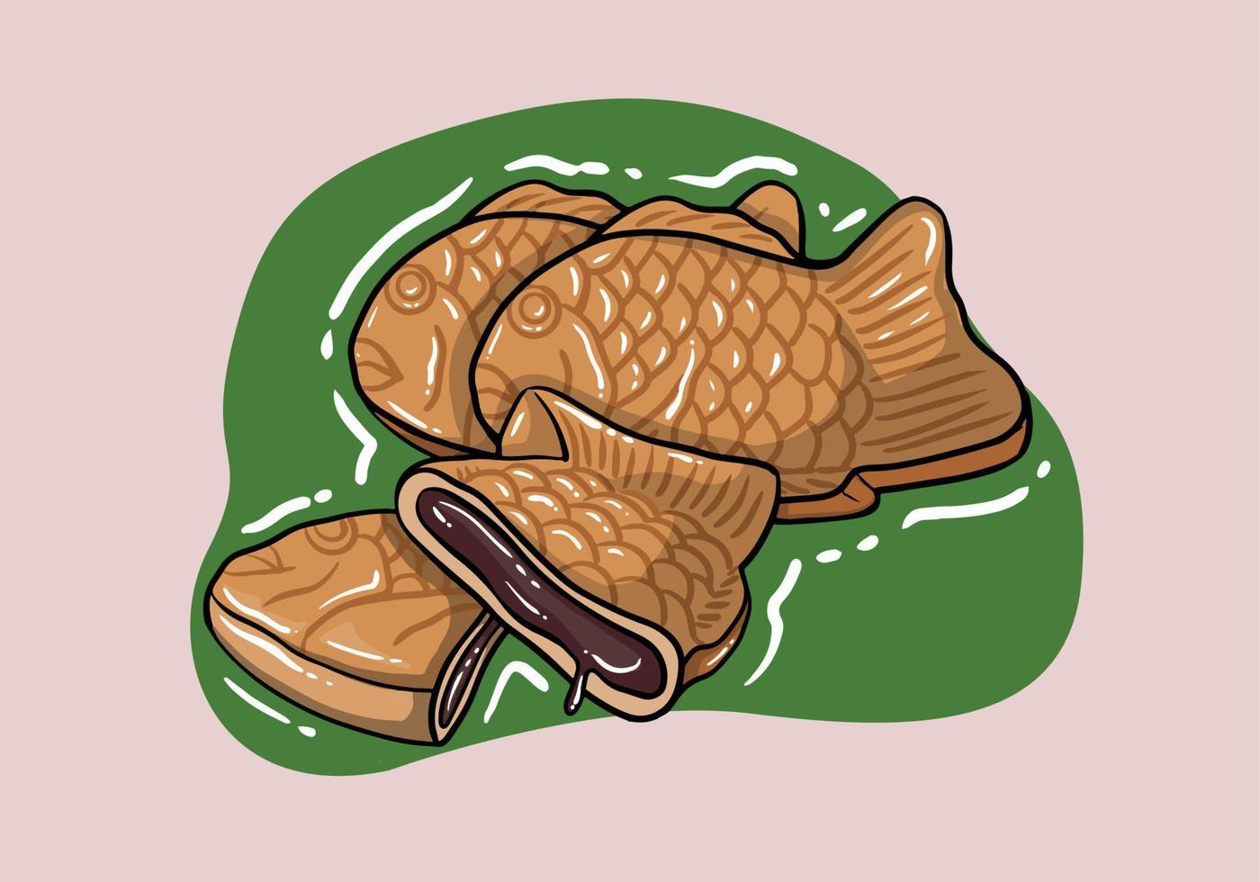 Taiyaki, Japanese fish-shaped cake with red bean filling, classic street vendor snack in Japan vector