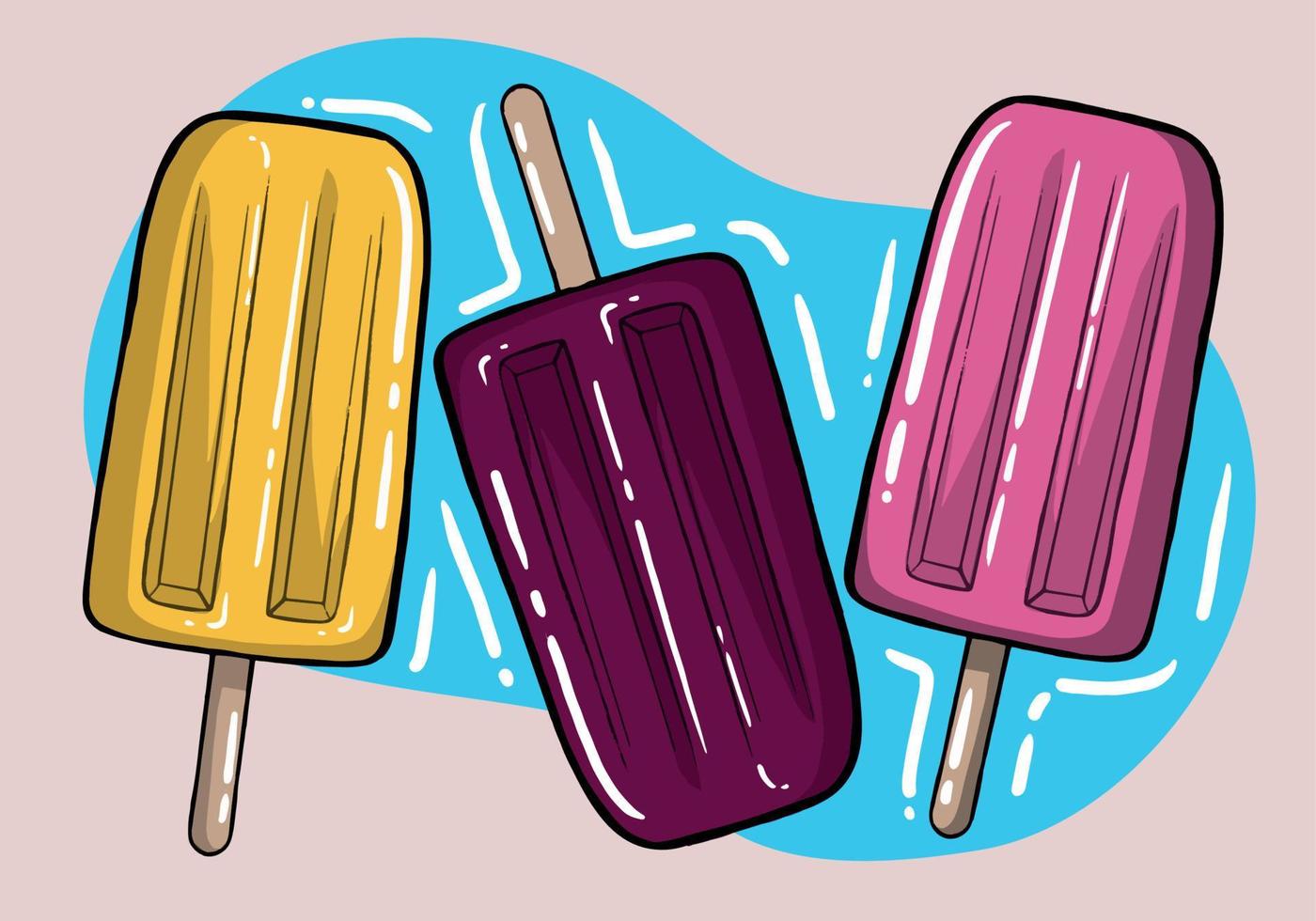 Refreshment ice-cream hand drawn vector set, three bright chocolate ice creams on a wooden stick in a different colors