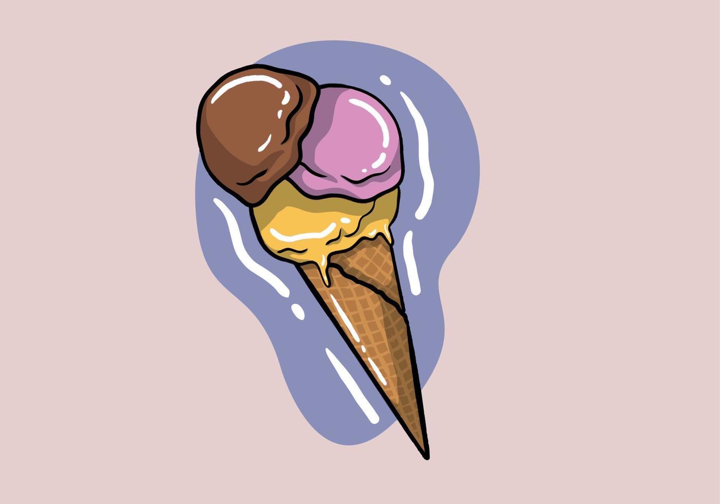 gofre cono con Tres cucharadas de hielo crema con diferente sabores vistoso helado pelotas con aspersión. de colores plano vector ilustración aislado en antecedentes.