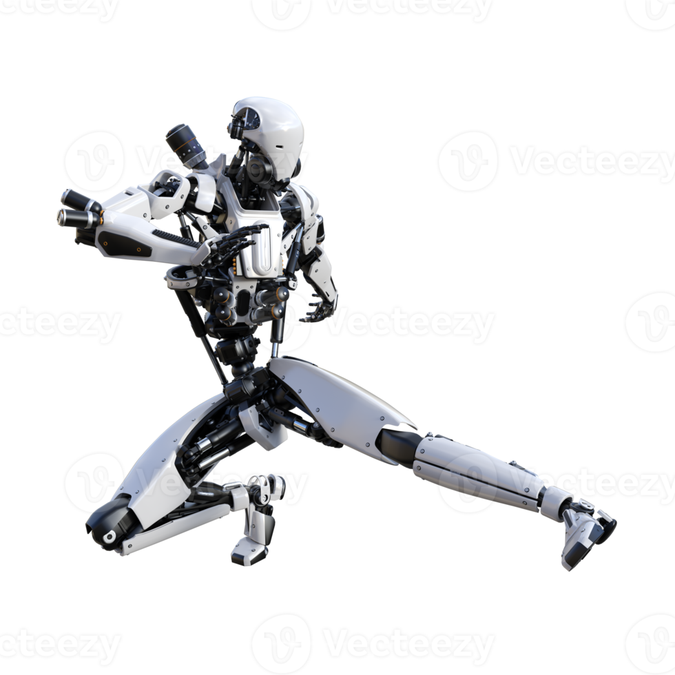 Cyberpunk robot with muay thai pose isolated. 3d render png