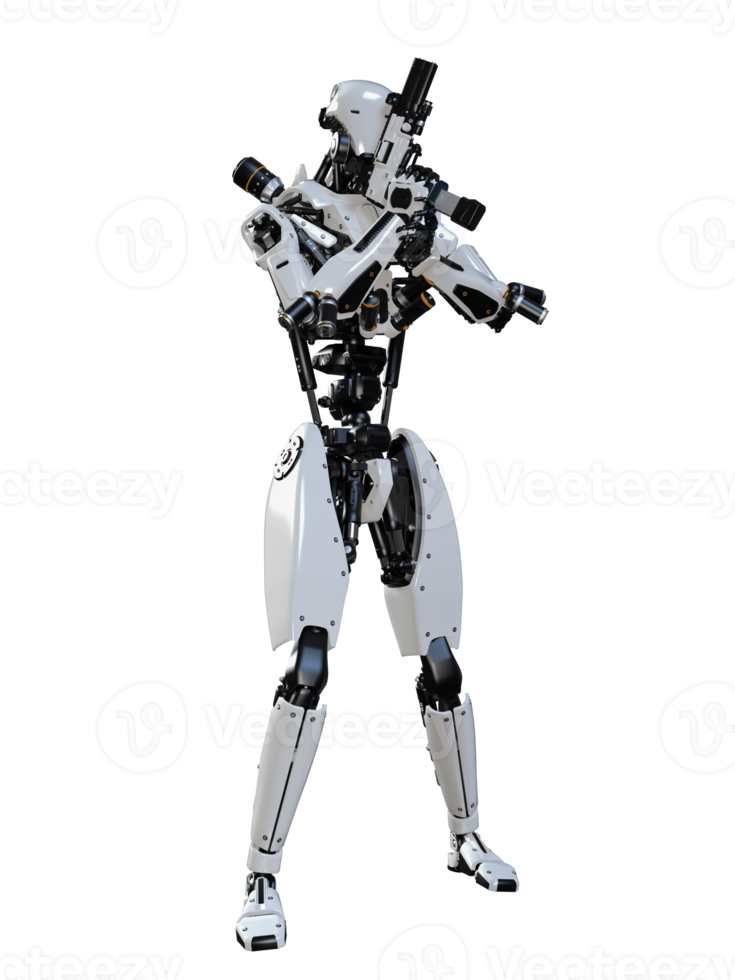 Cyberpunk robot holding gun isolated. 3d render png