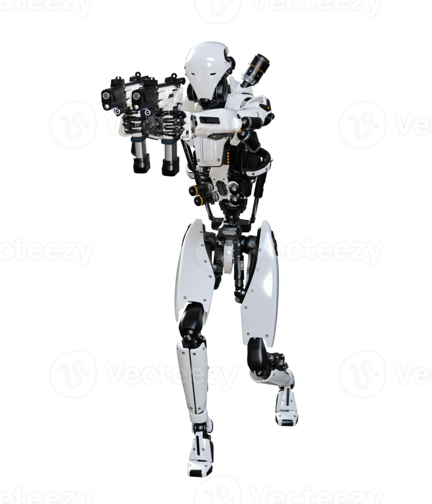 cyberpunk robô segurando arma de fogo isolado. 3d render png