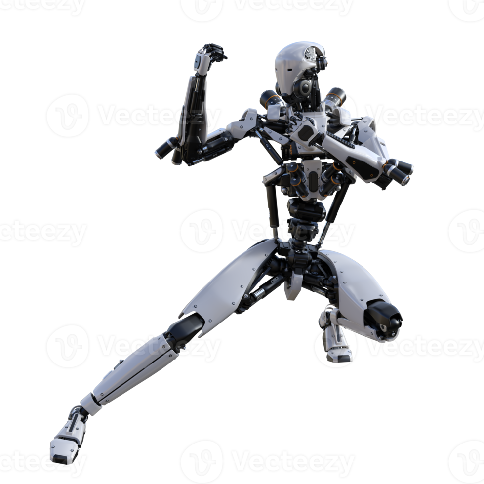 Cyberpunk robot with muay thai pose isolated. 3d render png