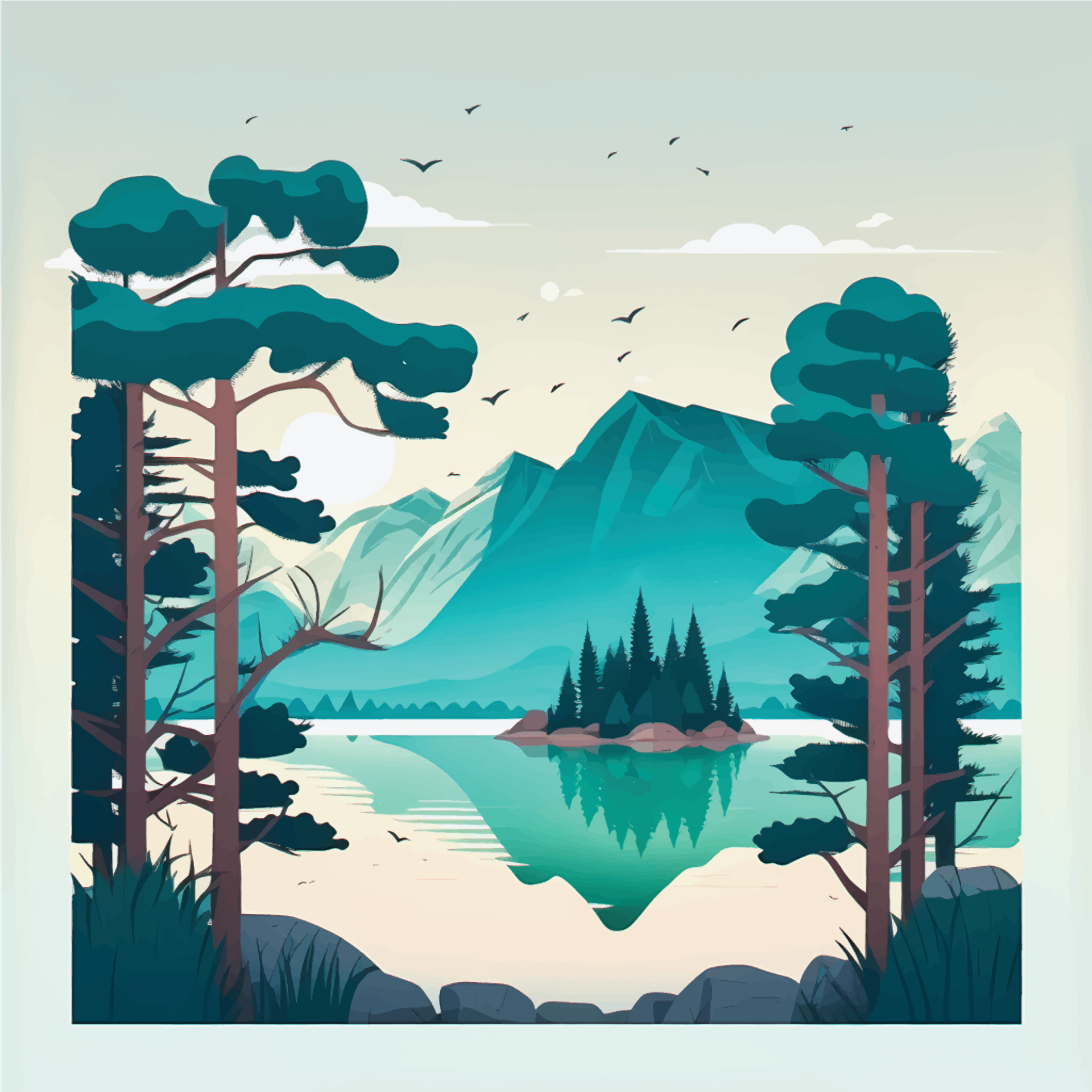 Mesmerizing Mountain Lake Scenery with Lush Trees Flat Vector ...