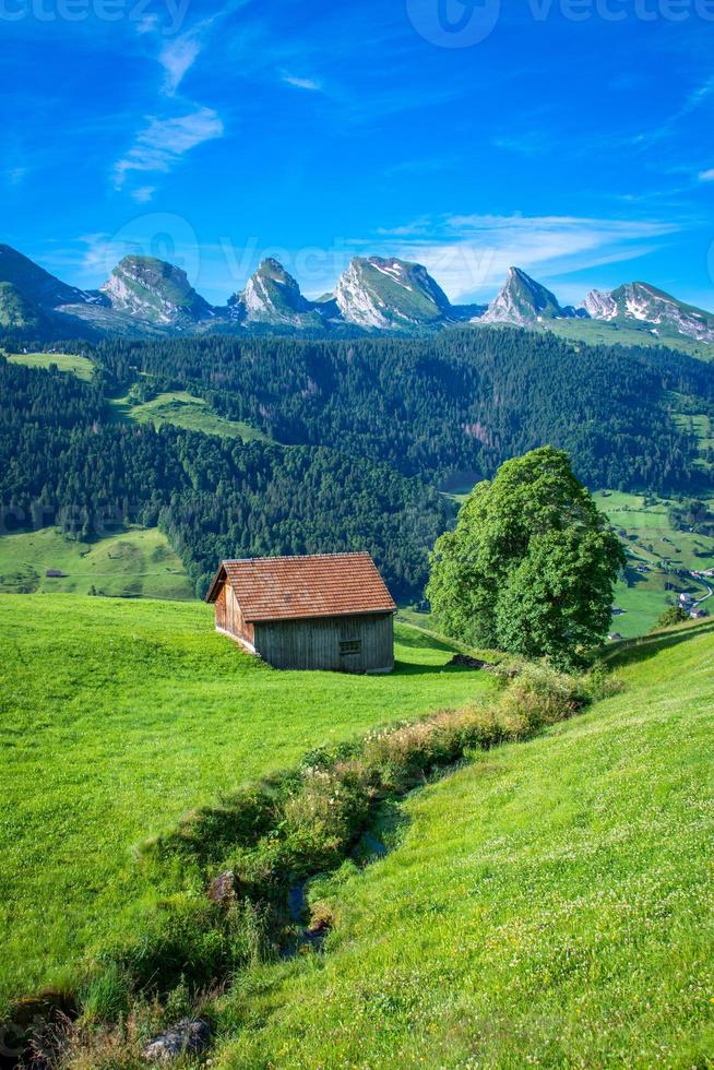 A hut standing in the valley surrounded by mountains under a blue sky photo