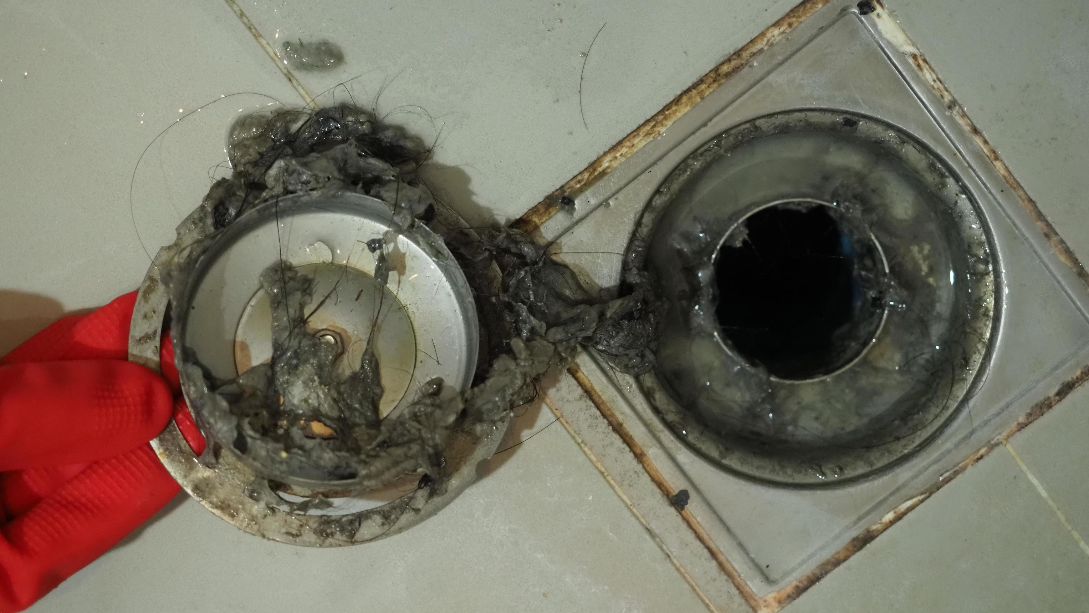 Drain cleaning. Clogged and dirty sewer pipes floor drain. Full of hair