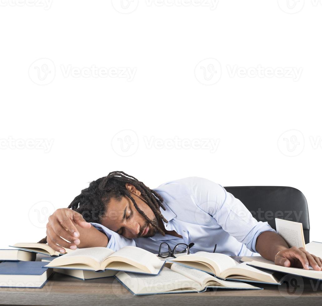 Tired teacher sleeping on books photo