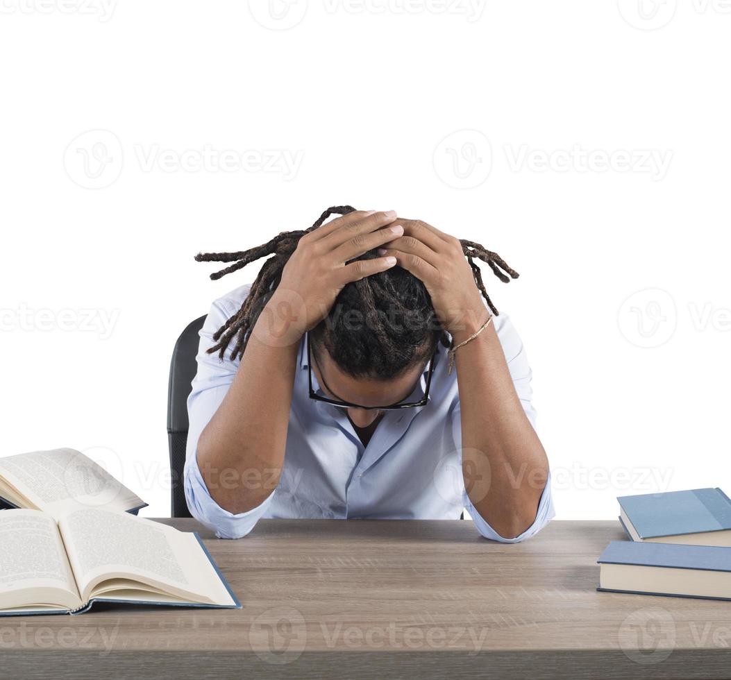 Stressed teacher on the desk photo