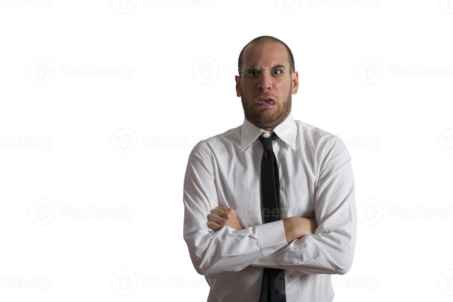 Disgusted businessman on white background photo