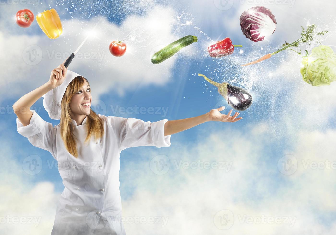 Magic kitchen. Chef with veggies photo