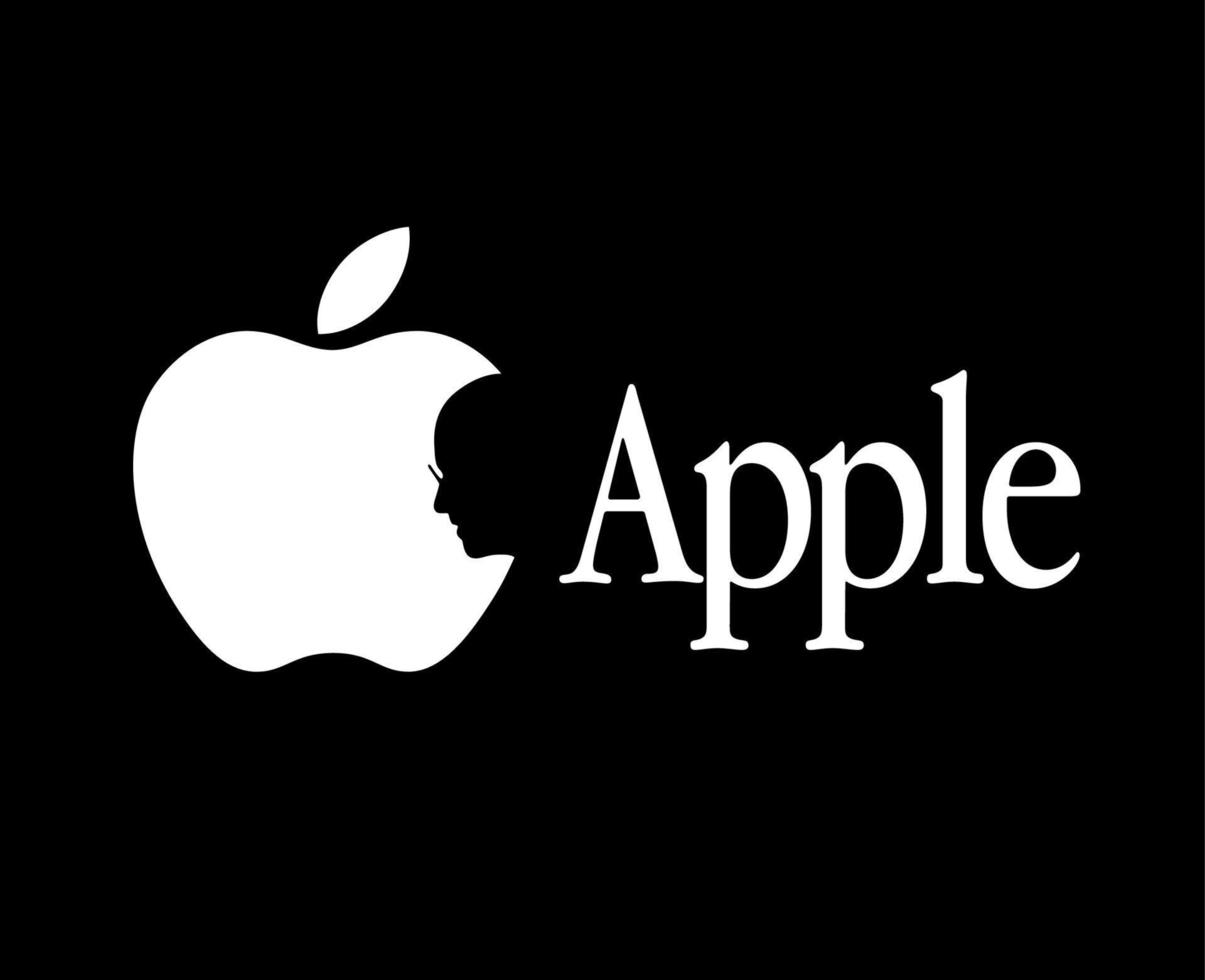 manzana marca logo teléfono steve trabajos cara símbolo con nombre blanco diseño móvil vector ilustración con negro antecedentes