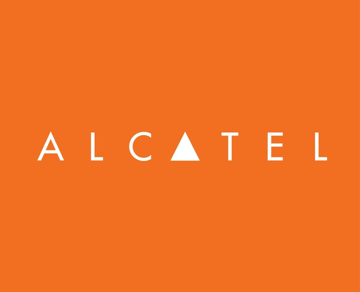 Alcatel marca logo teléfono símbolo nombre blanco diseño móvil vector ilustración con naranja antecedentes