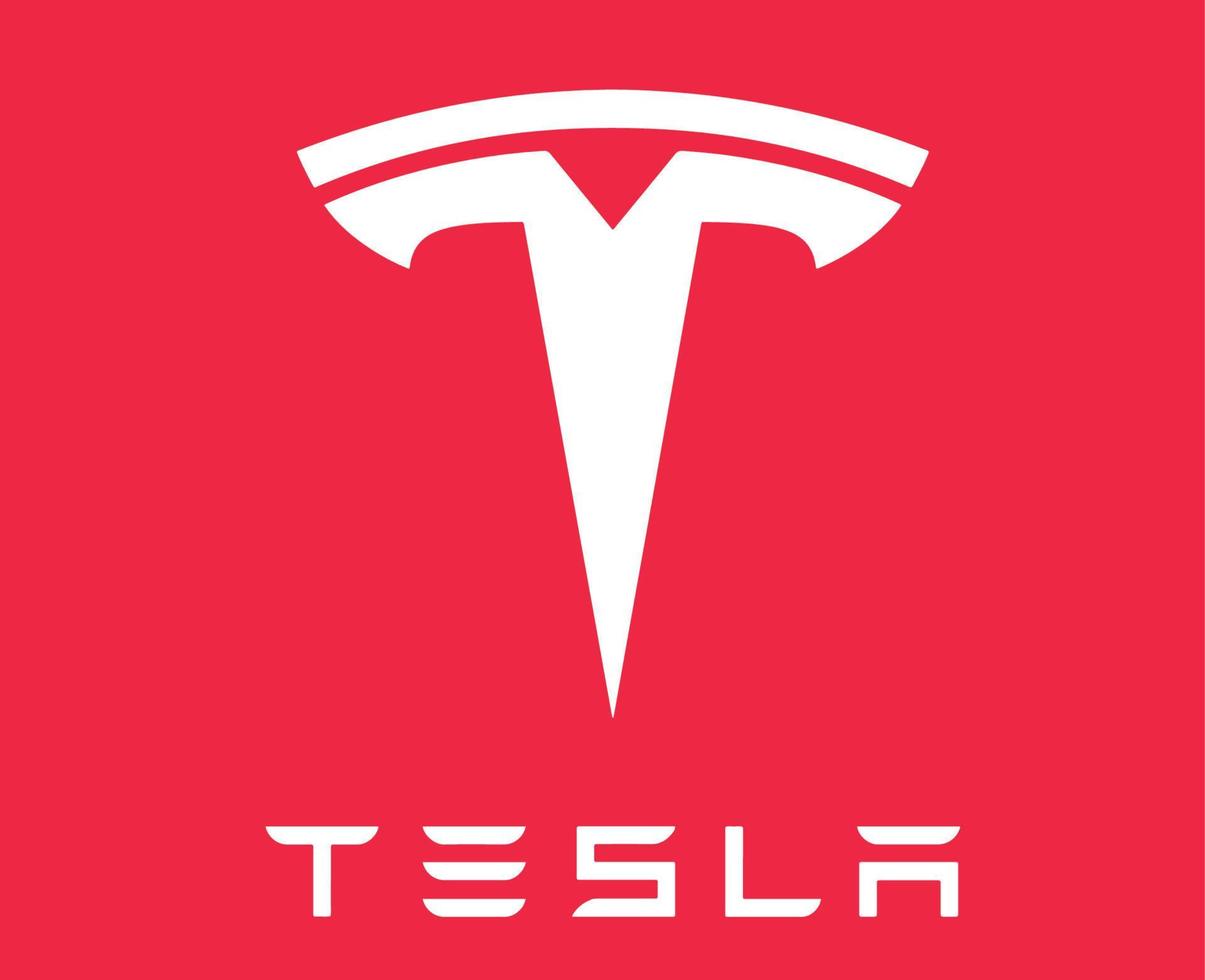 Tesla Brand Logo Car Symbol With Name White Design USA Automobile Vector Illustration With Red Background