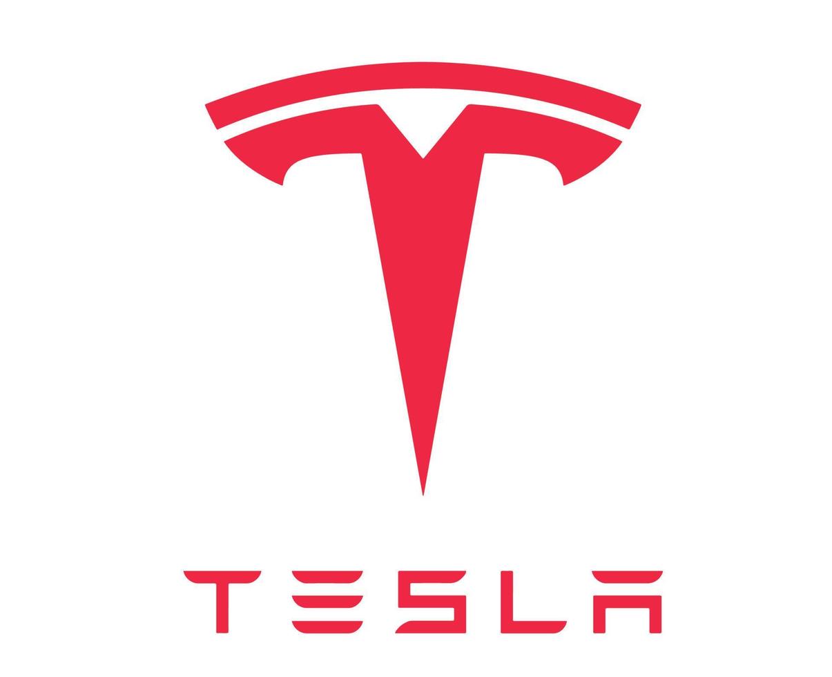 Tesla Brand Logo Car Symbol With Name Red Design USA Automobile Vector Illustration