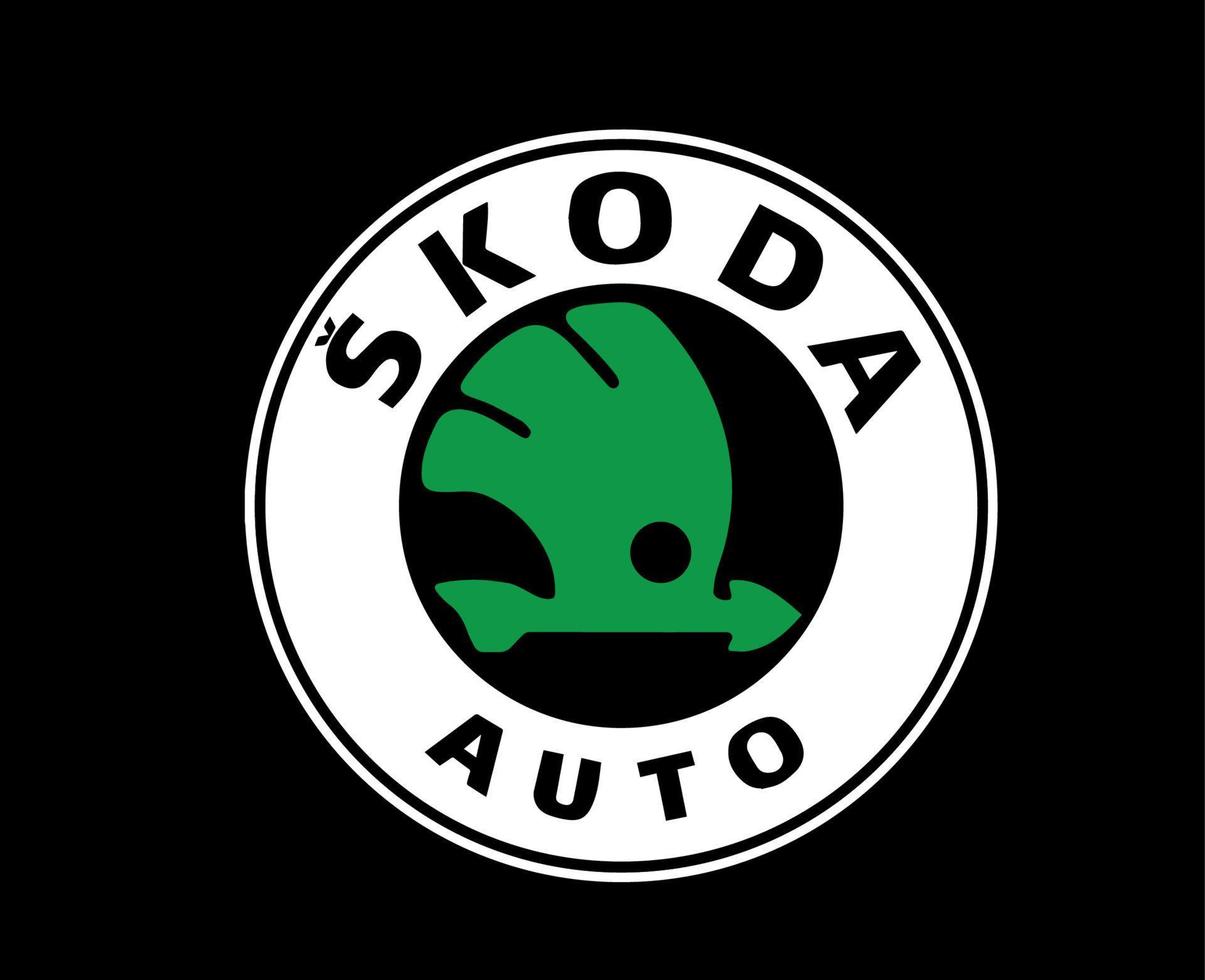 Skoda Brand Logo Car Symbol White And Green Design Czech Automobile Vector Illustration With Black Background