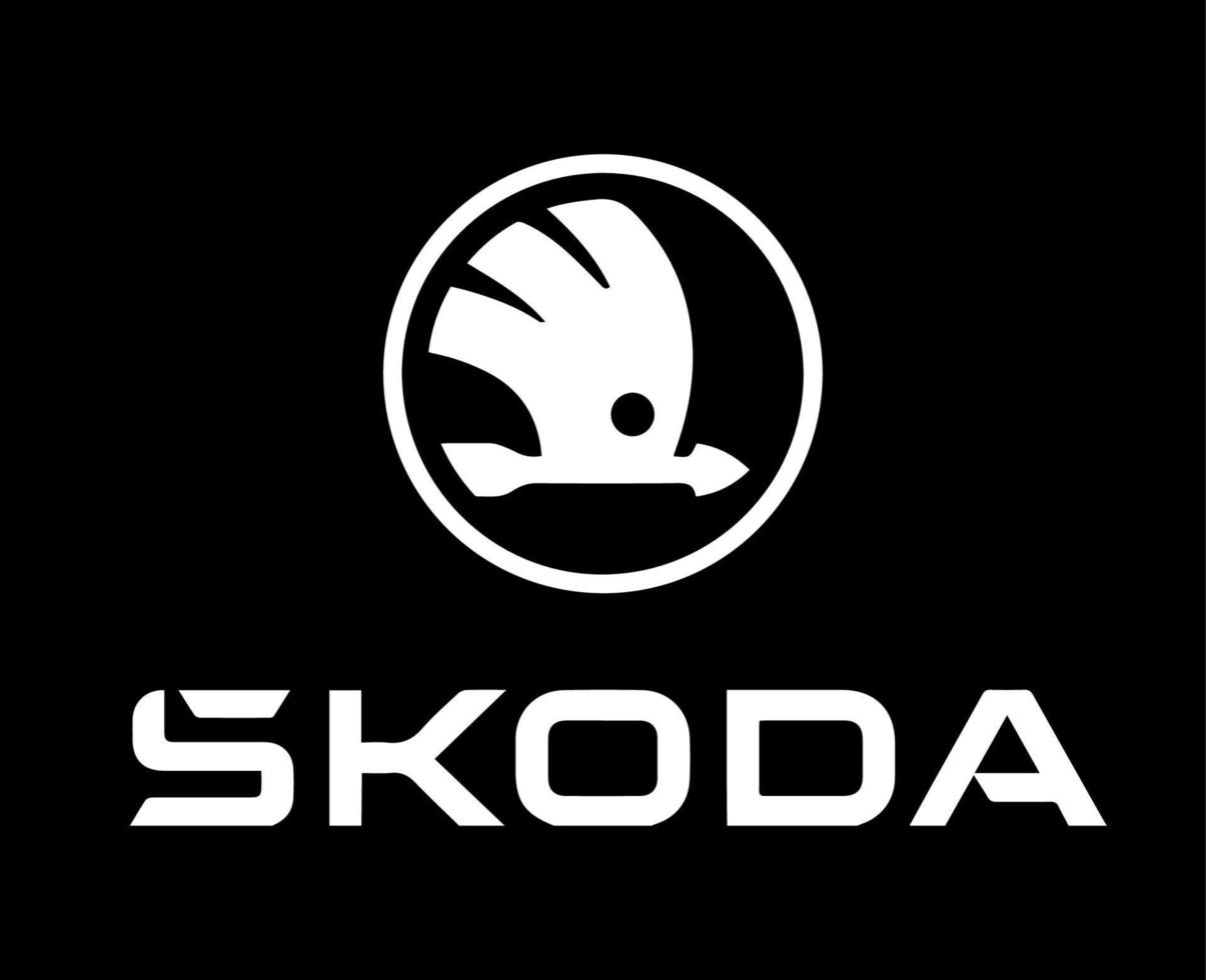 Skoda Brand Logo Symbol With Name White Design Czech Car Automobile Vector Illustration With Black Background